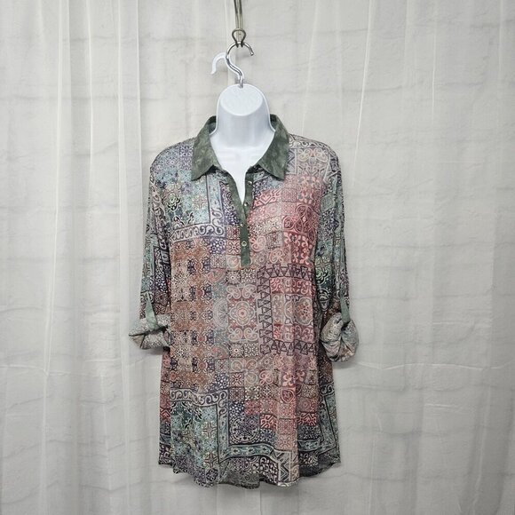 Smash! Green Pink Boho Sheer Tunic Blouse Roll Tab Hi-Low L - Picture 5 of 11